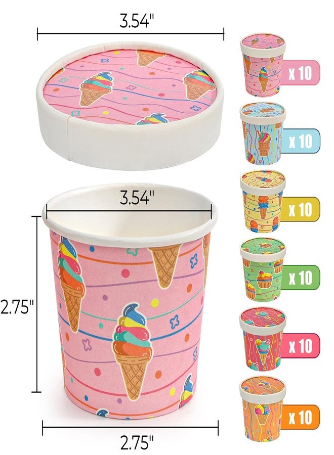 ELFULLY 60 Pack Ice Cream Cups with Lids, 8 oz Paper Treat Cups, Disposable Dessert Bowls for Hot and Cold Food, Colorful Snack Containers for Sundae Salad Fruit Frozen Yogurt Party Supplies - Image 2